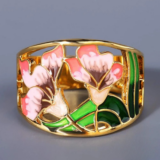 Elegant blommig guld emaljring
