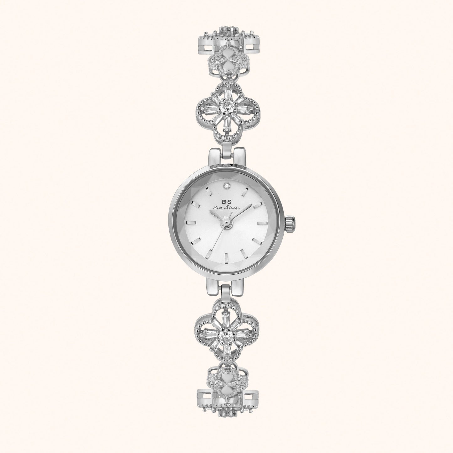 Silverfärgad blommig armbandsklocka