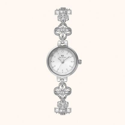 Silverfärgad blommig armbandsklocka