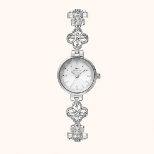 Silverfärgad blommig armbandsklocka