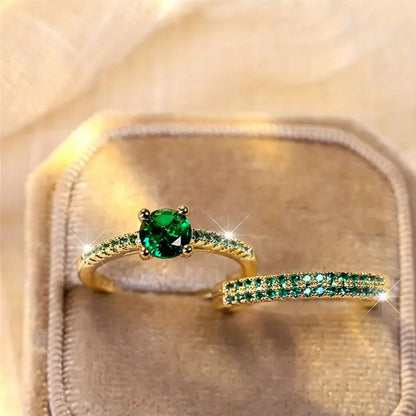 Anaya | Gold Duo Ring Set with Emerald Accents