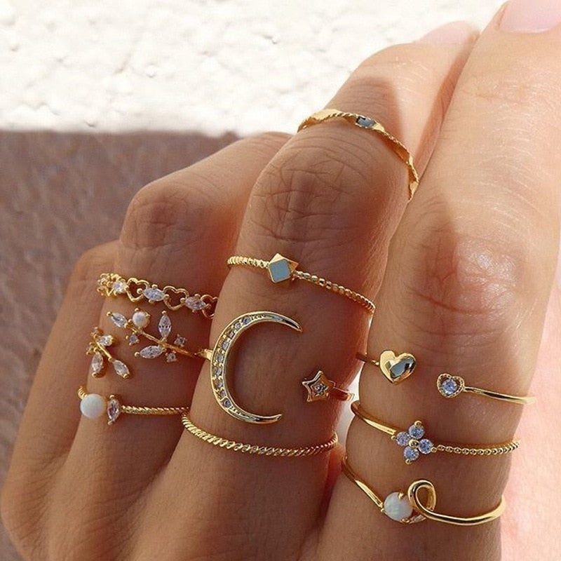 10-delat bohemiskt ringset i silver och guld