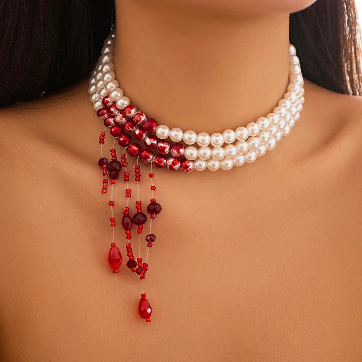 Bergqvist™ | Gothic Pearl Choker with Red Bead Tassels