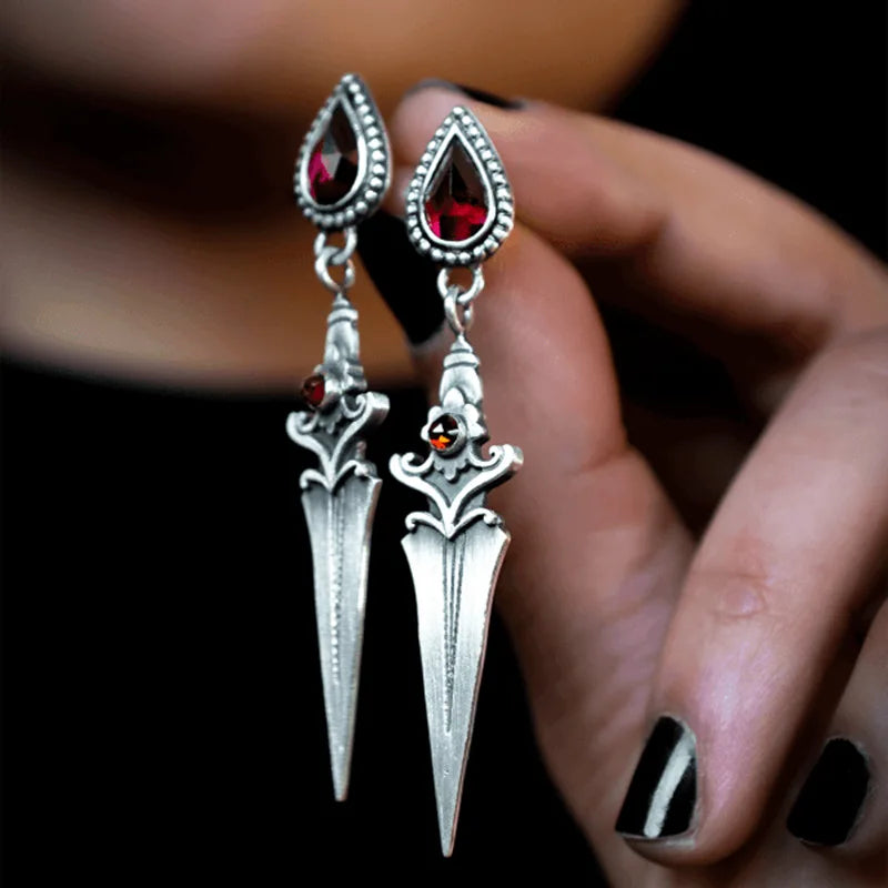 Bergqvist™ | Gothic Sword Dangle Earrings with Red Gemstone