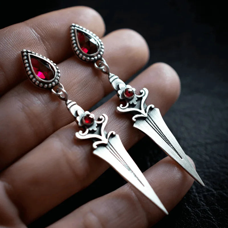 Bergqvist™ | Gothic Sword Dangle Earrings with Red Gemstone