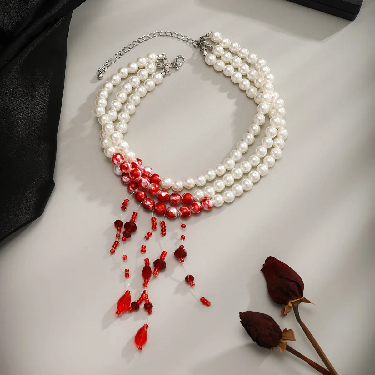 Bergqvist™ | Gothic Pearl Choker with Red Bead Tassels