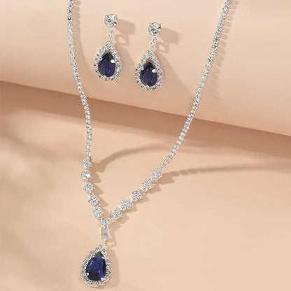Shimmering Blue Teardrop Diamond Necklace and Earrings Set
