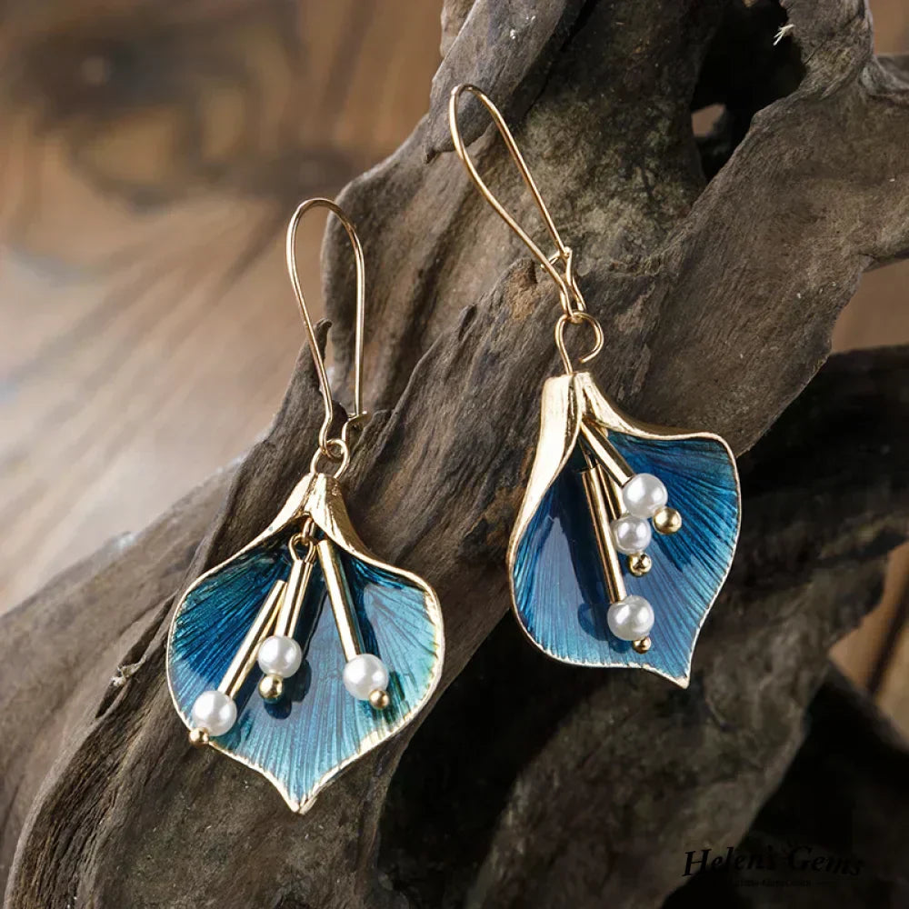 Eleganta blå lotus silverörhängen